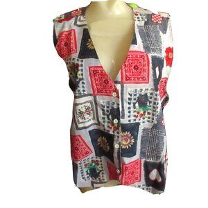 Large Vintage Cactus Flower Sleeveless Button-Up Blouse Patchwork & Floral Print
